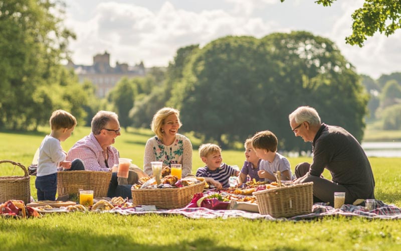 a big family at enjoying a picnic at Heaton Park, visit Manchester, August 2024, UK