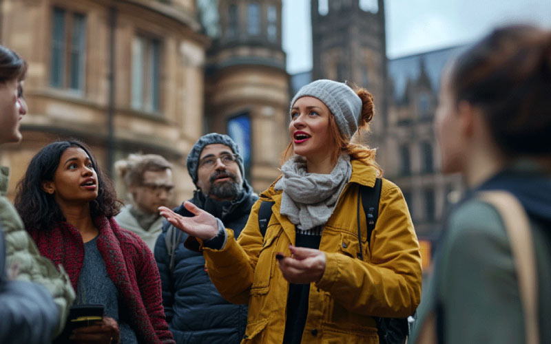 tour guide leading tourists, travel to Manchester, July 2024, UK