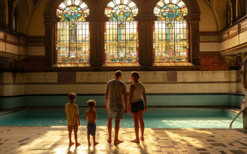 family enjoying a tour of Victoria Baths, explore Manchester, August 2024, UK