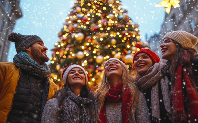 friends posing together beside the Piccadilly Gardens Christmas Tree, Manchester Christmas, September 2024, UK