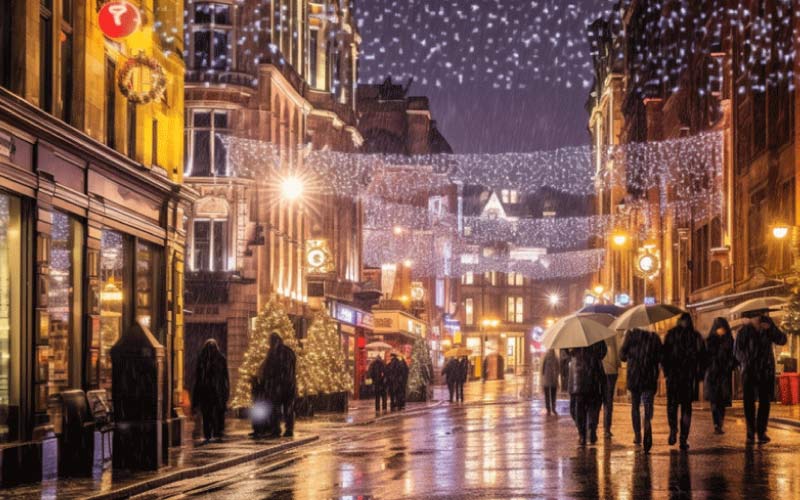 Manchester at night - festive street scene, with happy friends/family, visit Manchester, October 2024, UK