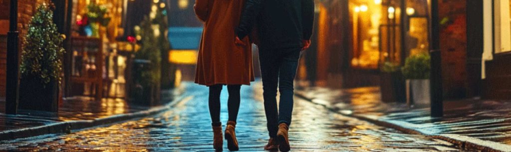 banner lovers walking at night in Manchester, Valentines date, October 2024, UK