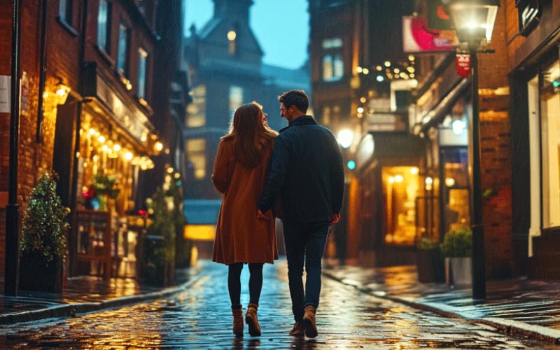 lovers walking at night in Manchester, Valentines date, October 2024, UK