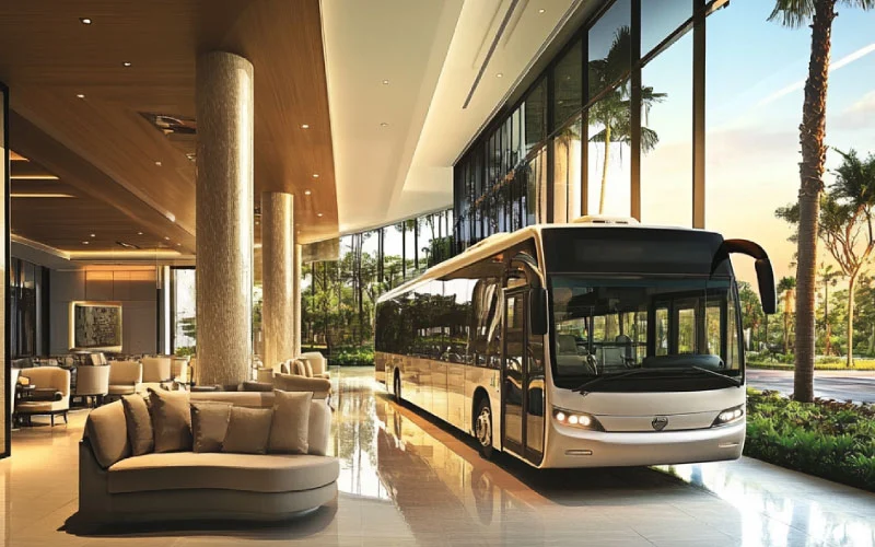 A sleek modern coach parked in front of Manchester’s Town Hall, ready for group boarding.