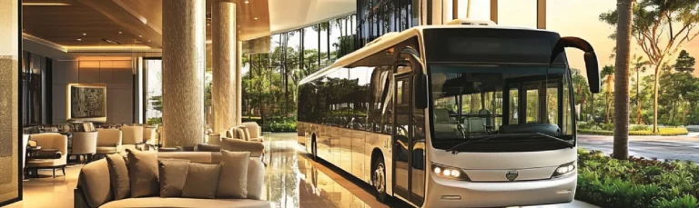 A sleek modern coach parked in front of Manchester’s Town Hall, ready for group boarding. Manchester transport hire