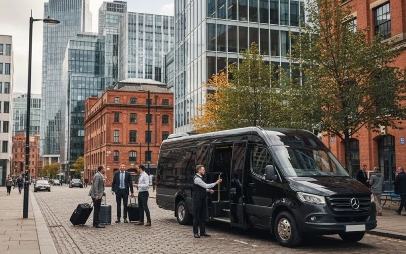 Luxury minibus parked at Manchester business district, ready for group weekend transport
