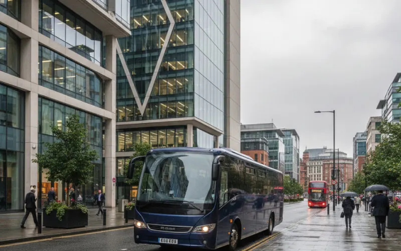 Professional minibus hire vehicle parked outside a Manchester office building