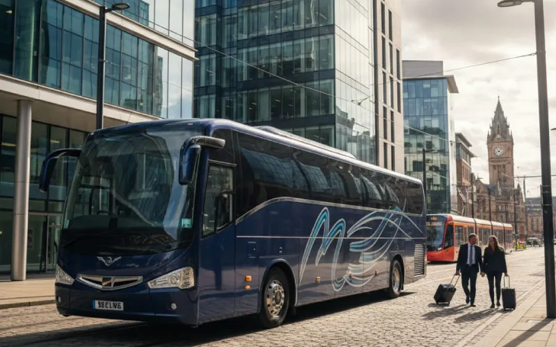 Manchester corporate coach with branded livery ready for business travel