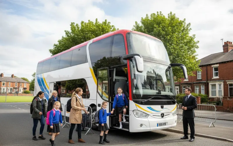 Manchester parents helping children board a modern school coach safely
