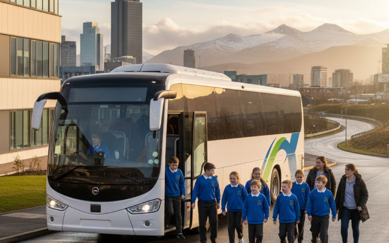 Modern school coach hire in Manchester ensuring safe travel from Salford to Snowdonia