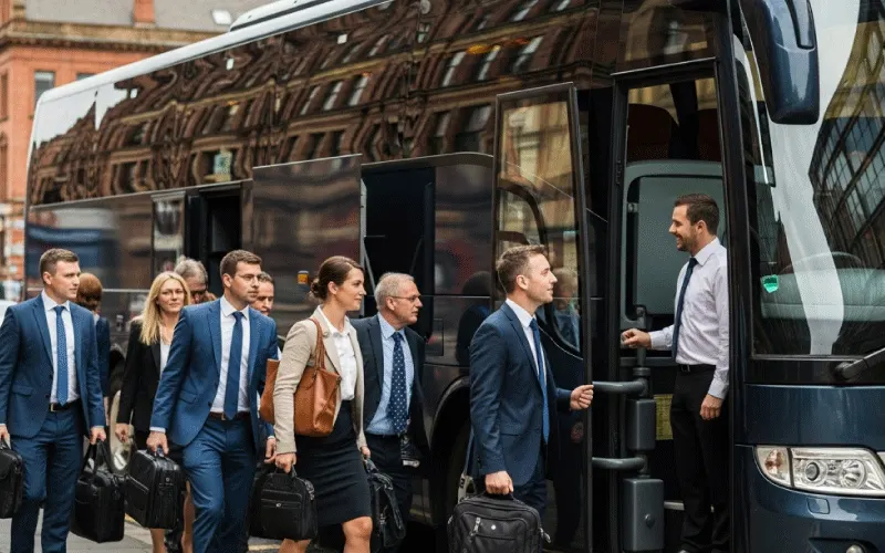 Business travellers boarding a modern coach for a corporate event in Manchester