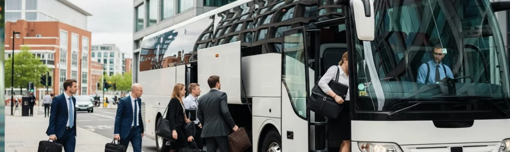 Business travellers boarding a modern coach for a corporate event in Manchester