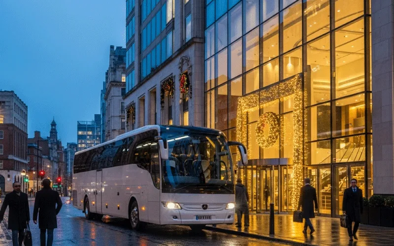 Executive coach parked outside a city-centre business venue during the holidays
