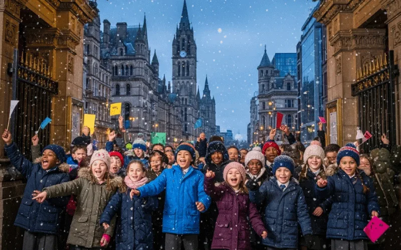 School group enjoying a festive pantomime visit with The Manchester Coach Company