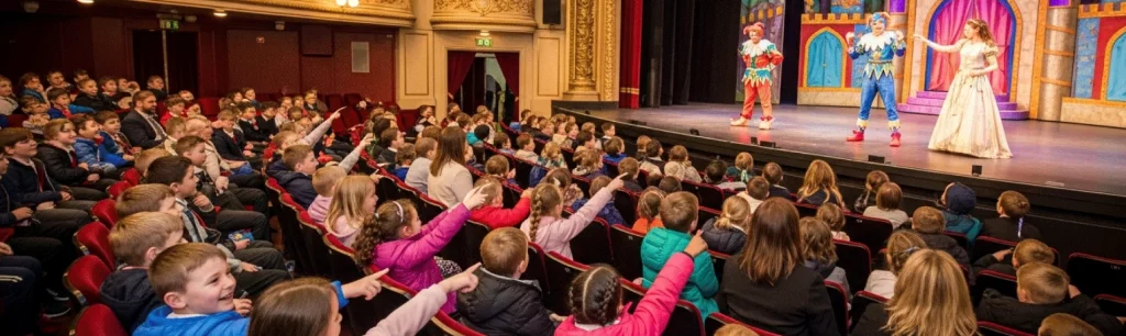 School group enjoying a festive pantomime visit with The Manchester Coach Company