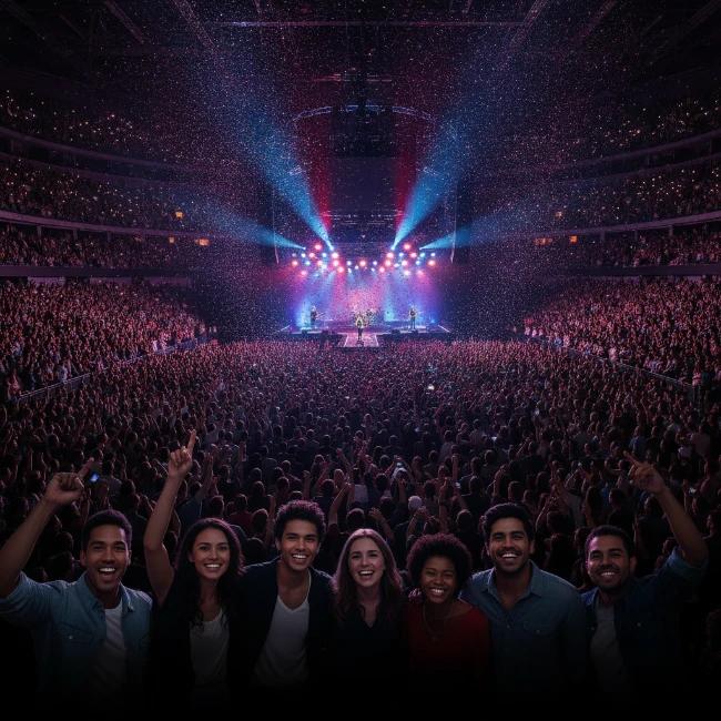 A vibrant, panoramic view of the AO Arena interior during a live concert, with a large audience enjoying the performance and stage lights illuminating the artists.
