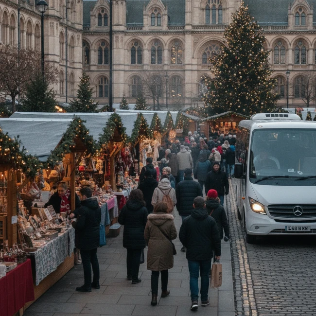 A wide shot of the Manchester Christmas Markets, featuring numerous wooden stalls, festive decorations, and a large crowd enjoying the market atmosphere in a city square.