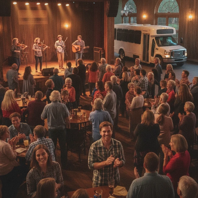 A diverse crowd enjoying a live folk music performance in a bustling, well-lit venue, with musicians on stage.