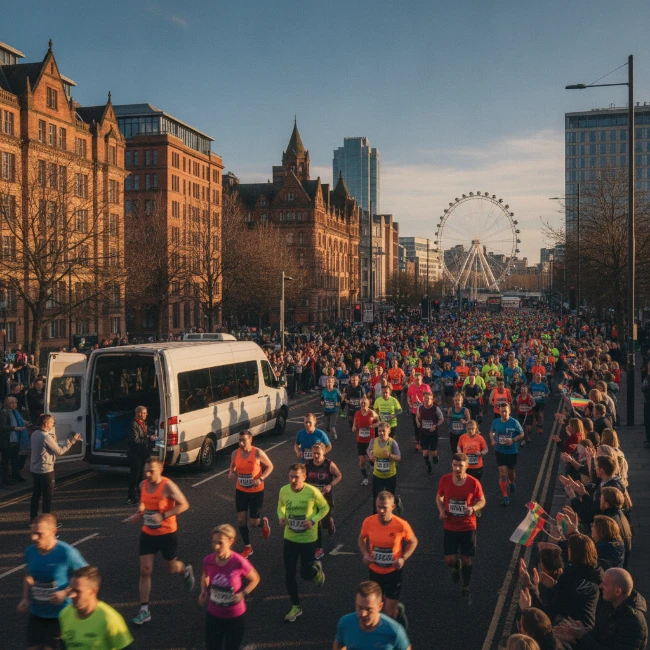 Runners participating in the Manchester Marathon, with crowds cheering and city buildings visible.