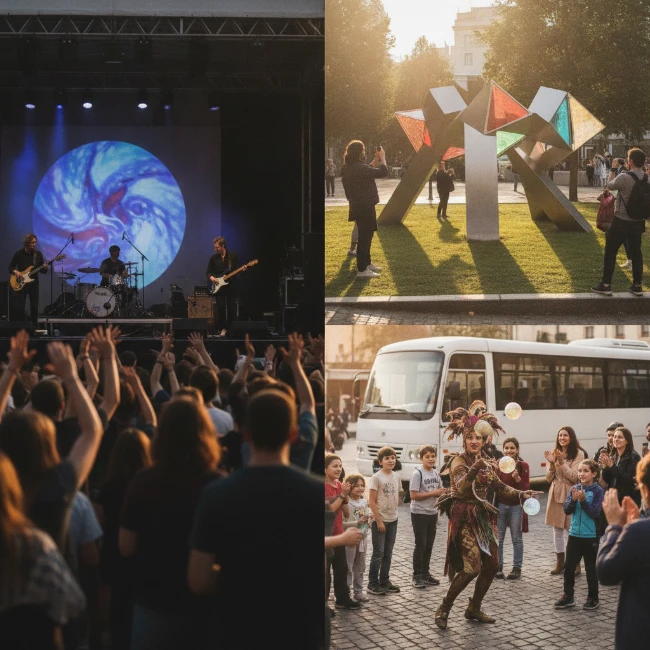 Collage of musicians performing and fringe arts activities in Manchester.