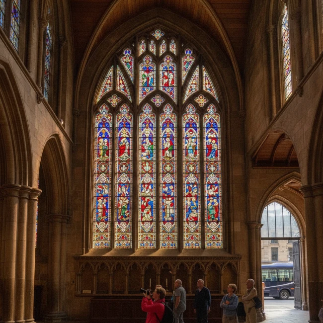 Close-up of the detailed stained-glass windows inside Manchester Cathedral, illuminated by sunlight.