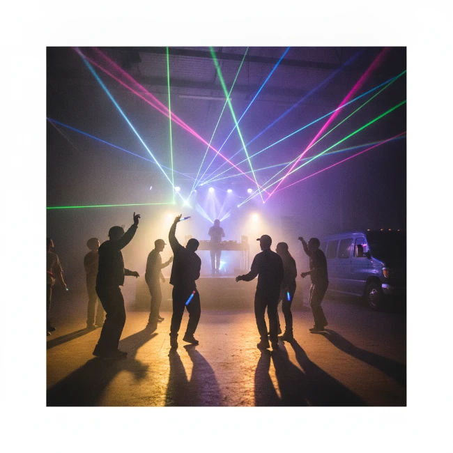 Energetic atmosphere at a 90s rave reunion event with laser lights.