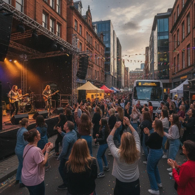 People enjoying live jazz music on an outdoor stage in Manchester.