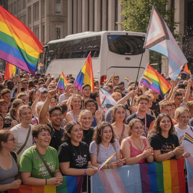 A group of people celebrating at Manchester Pride, with a clean coach parked in the background.