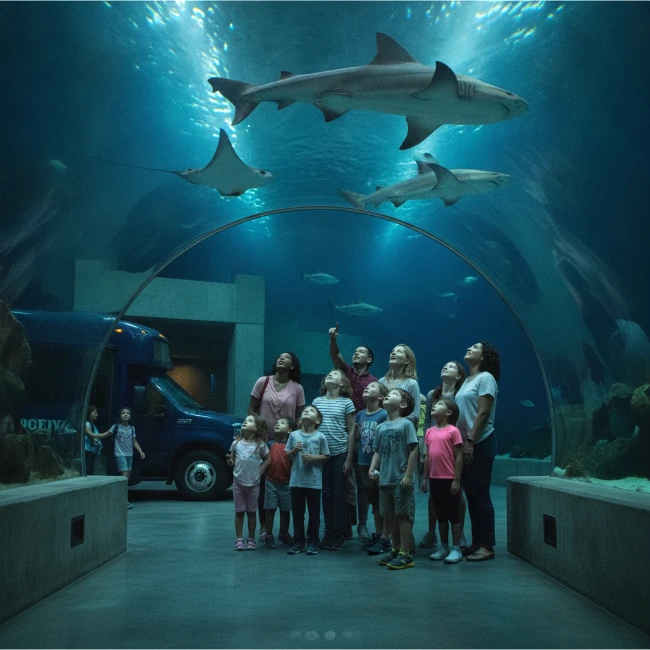 Visitors walking through an underwater tunnel at SEA LIFE Manchester, observing sharks and tropical fish swimming above them.