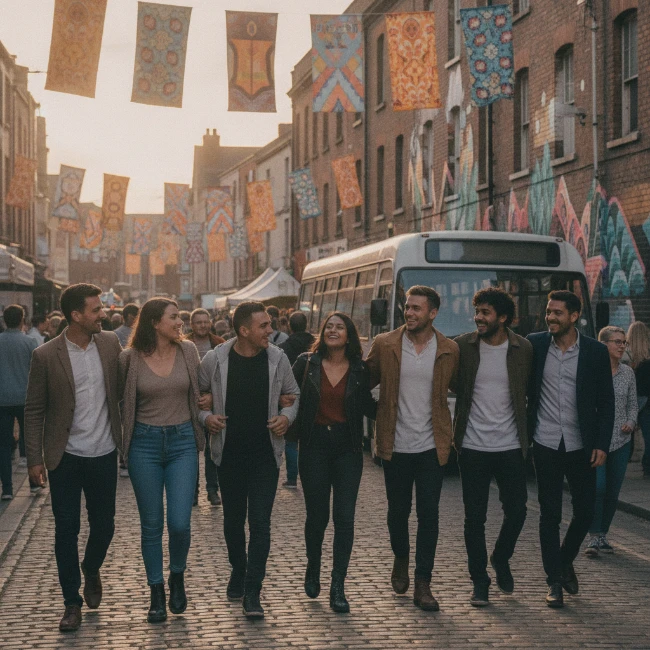 Group of friends enjoying the vibrant atmosphere of a street music festival in Salford.