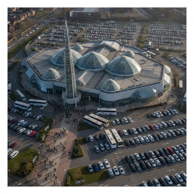 An aerial shot showcasing the vast Star City Entertainment Complex in Nechells, highlighting its unique architectural design and extensive parking facilities.