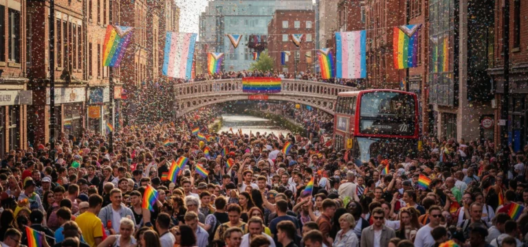Colourful street scene in Manchester's Gay Village during a Pride festival.