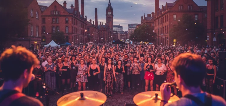 Diverse crowd enjoying live music at an urban festival in Manchester