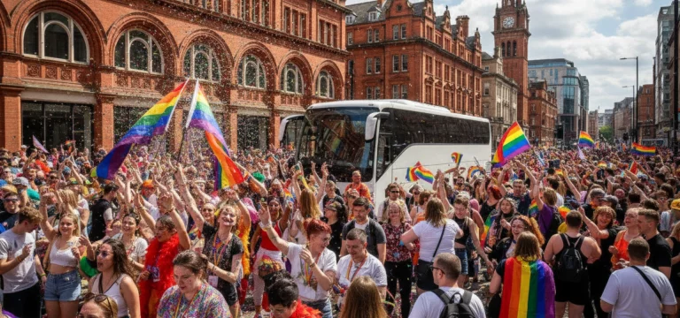 A diverse crowd celebrating Manchester Pride Parade with a modern coach visible in the background.