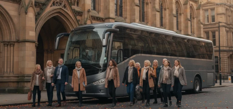 A sleek, modern coach parked on a Manchester street, with a group of festival-goers walking towards the entrance of a grand, historic building in the background.