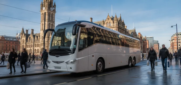 A modern coach parked on a street near Manchester Town Hall, ready for group transport.