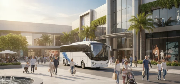 A modern, comfortable coach parked near the entrance of a large entertainment complex, with groups of visitors arriving for a day out.