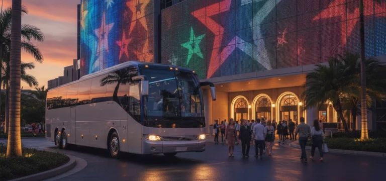 A modern coach parked at Star City Entertainment Complex, with its bright lights in the background, as visitors arrive for an evening out.