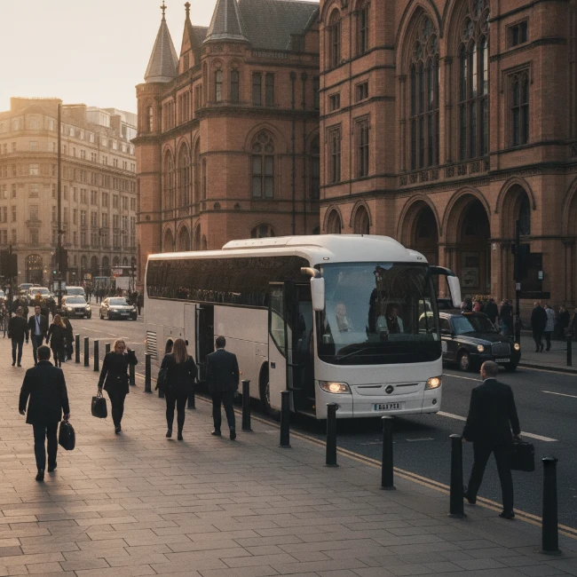 A coach dropping off a group of passengers near the main entrance of Manchester Central, with other city buildings in the background.