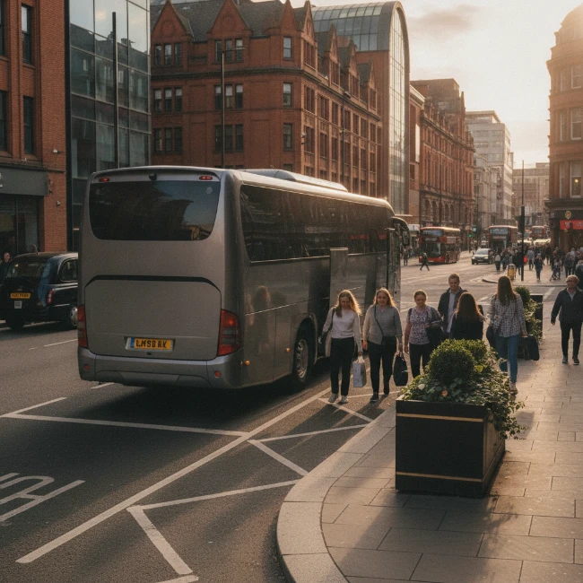 A modern coach safely parked at a designated passenger drop-off point in Manchester City Centre, with passengers disembarking near an urban street.