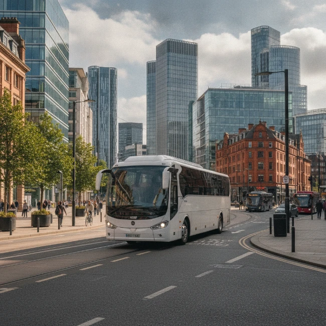 A coach travelling through the streets of Manchester city centre.