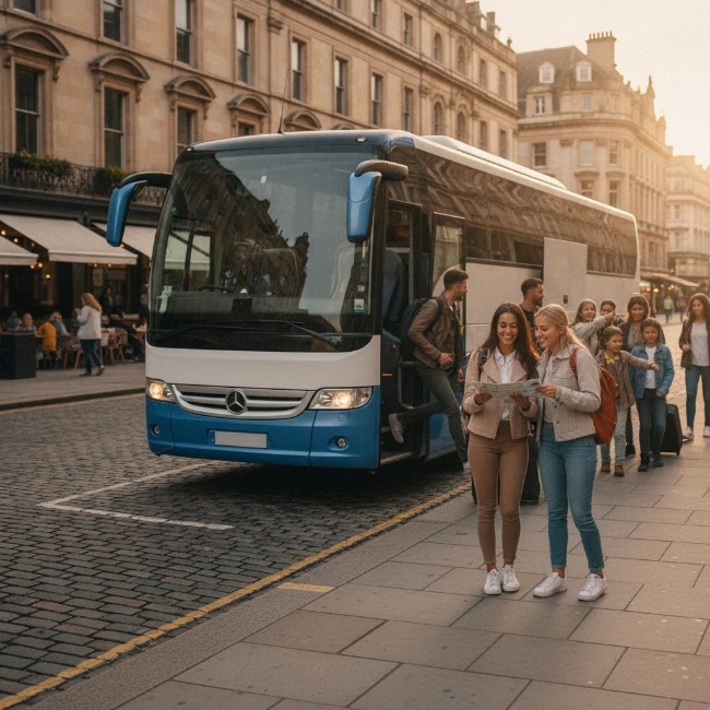 A sleek, clean coach from The Manchester Coach Company parked in a designated city coach bay, with passengers disembarking to explore a nearby festive market.