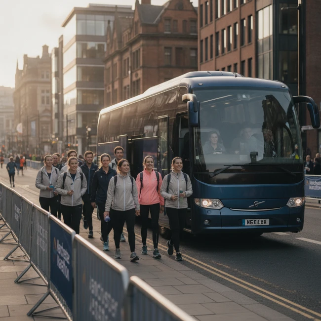 A group of people disembarking from a modern coach near a Manchester Marathon event access point.