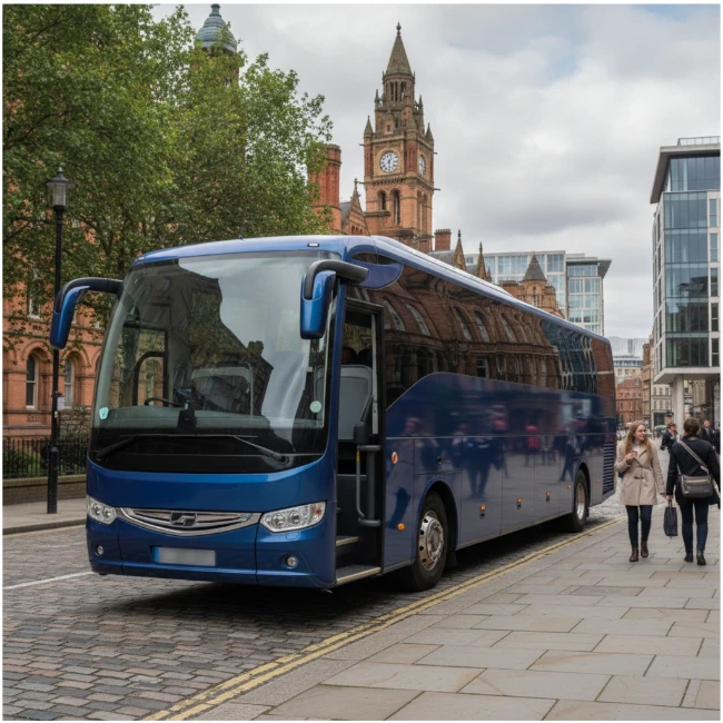 Modern coach parked on a Manchester city street, ready for event transport