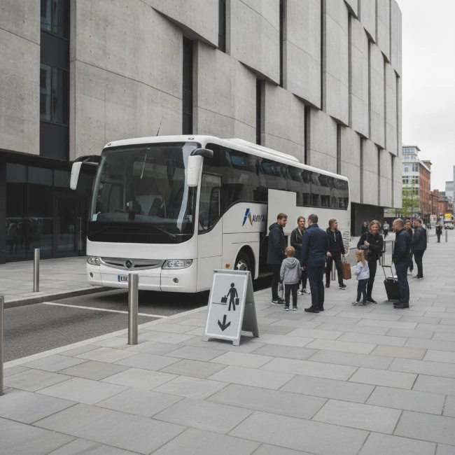 A coach positioned at a convenient drop-off point near Aviva Studios for the Manchester International Festival.