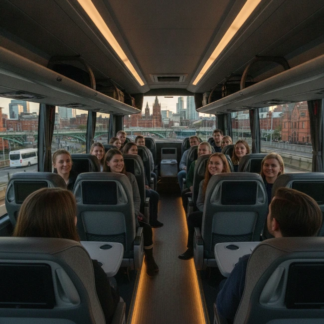 Interior view of a modern coach, showing comfortable seating and passengers looking out at the urban landscape of Manchester as they travel.