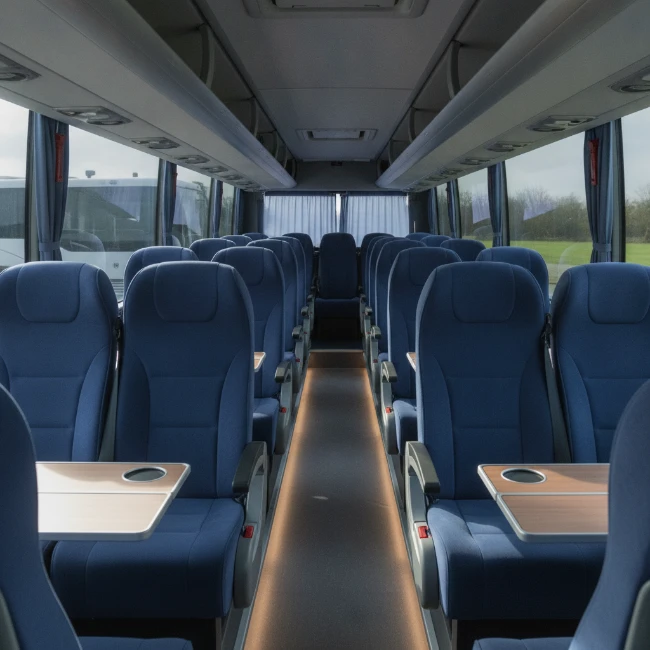 Spacious and comfortable interior of a modern coach, ready for group travel.